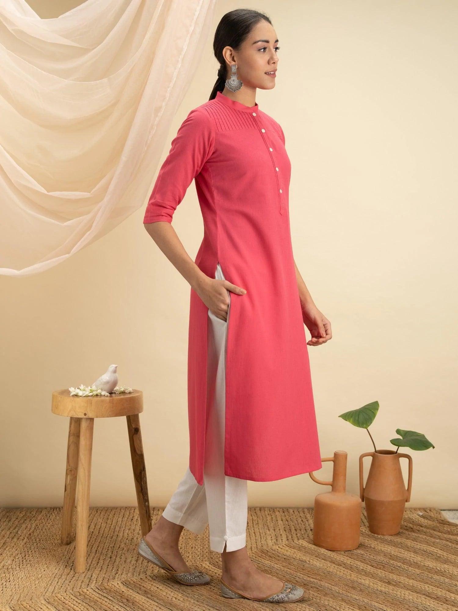 Pink Solid Cotton Kurta