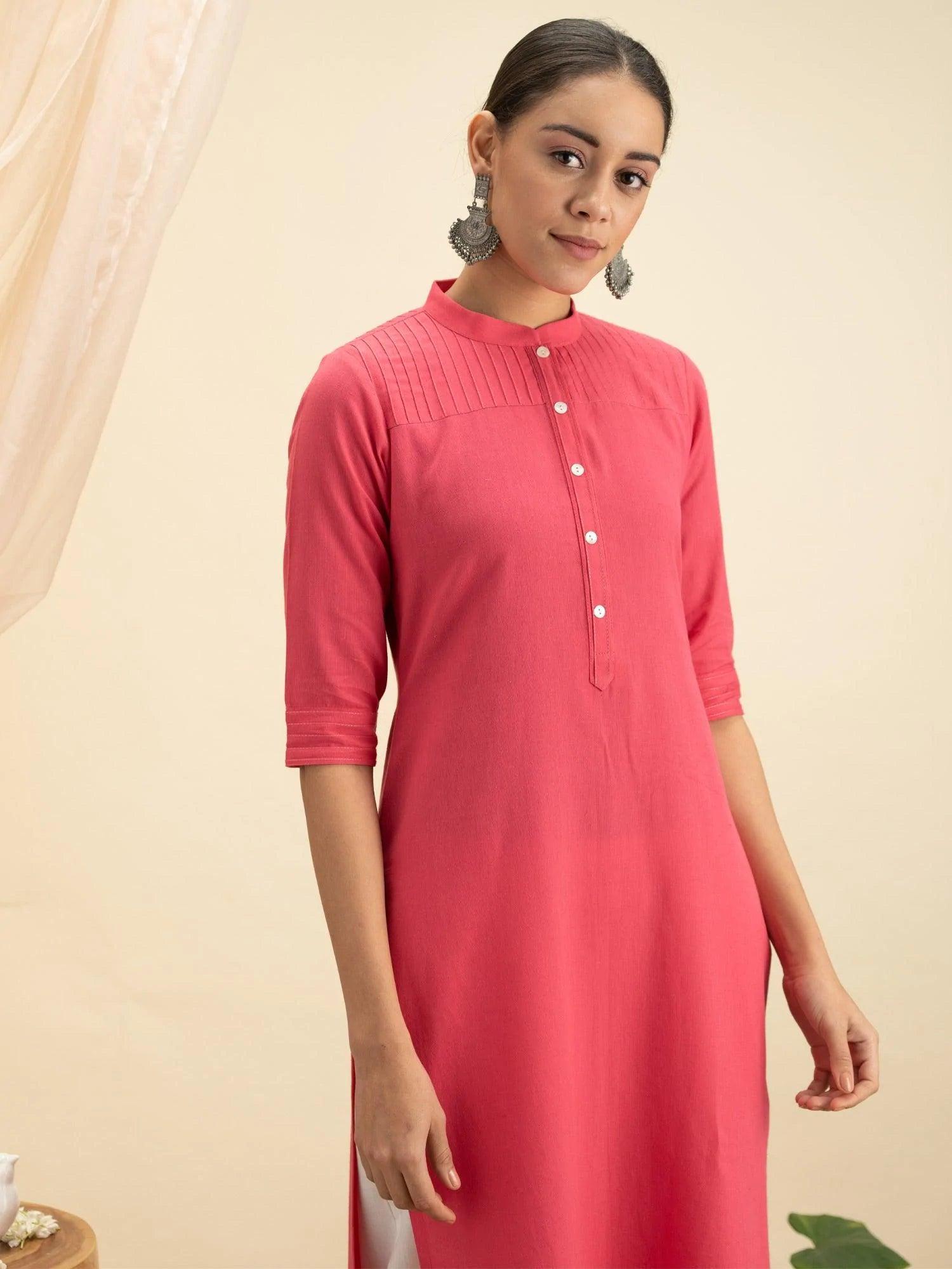 Pink Solid Cotton Kurta