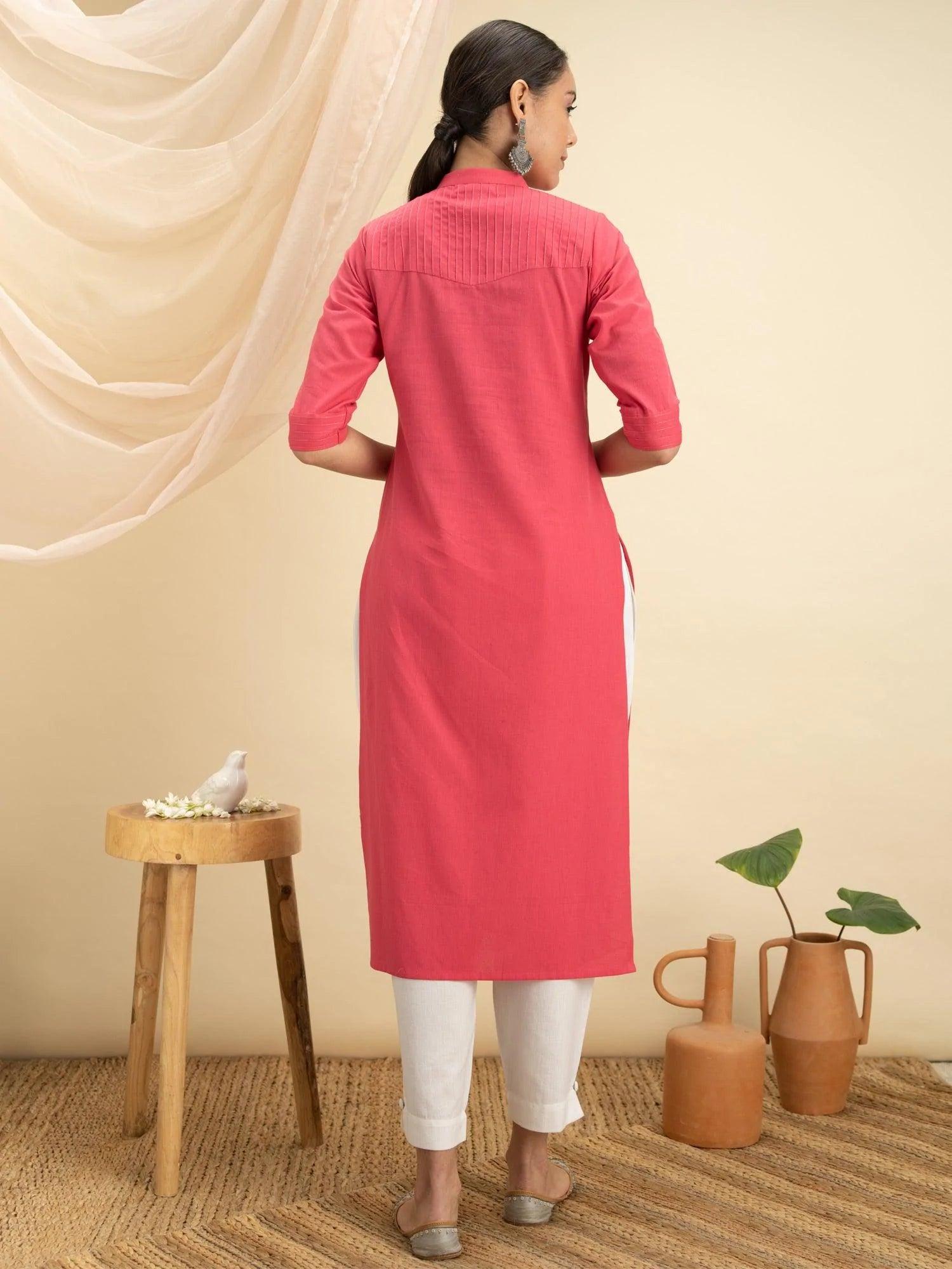 Pink Solid Cotton Kurta