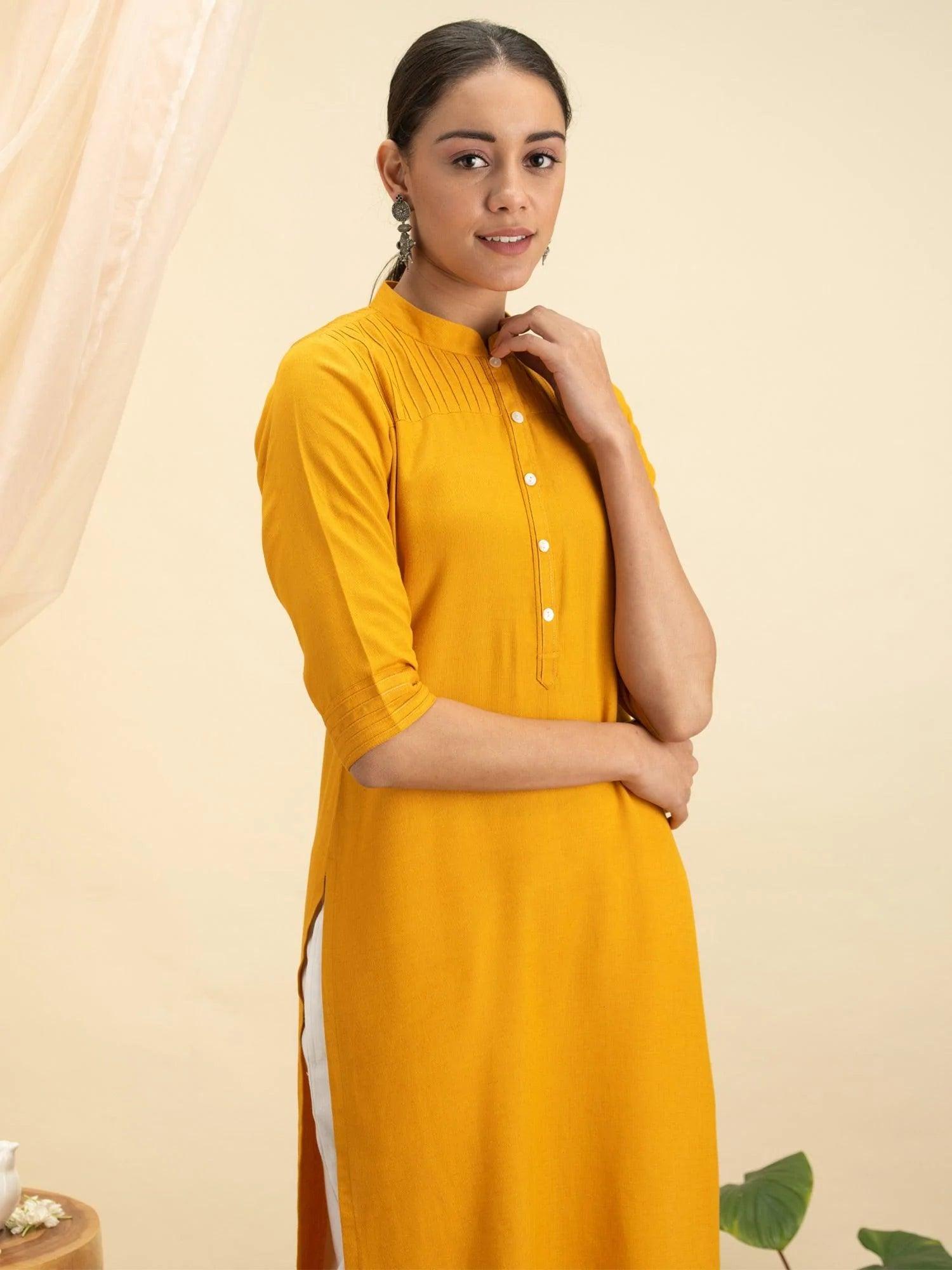 Yellow Solid Cotton Kurta