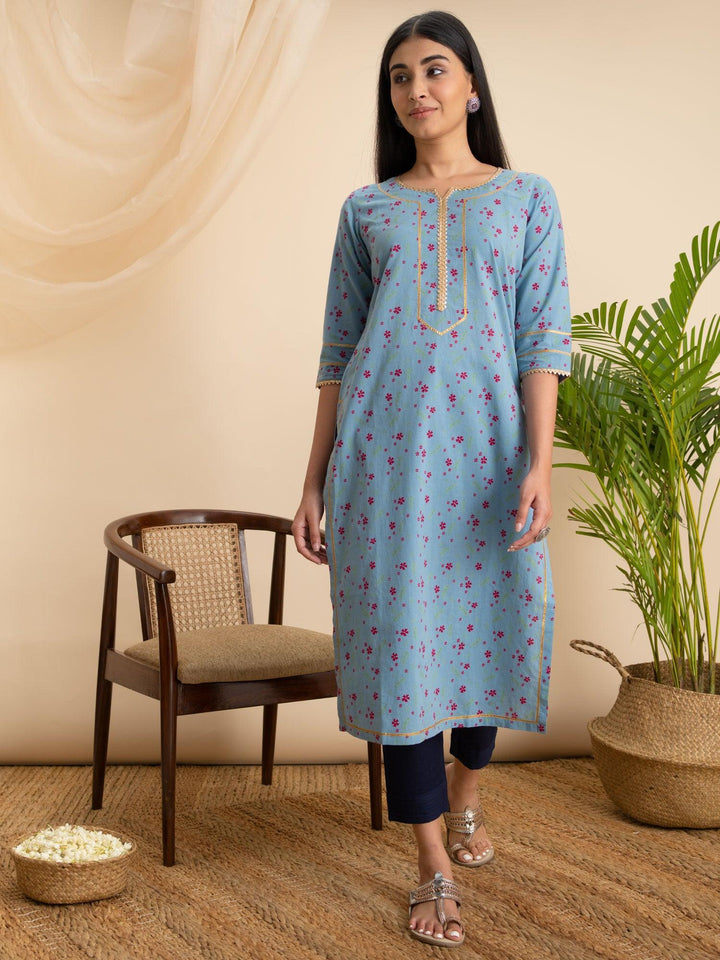 Blue Printed Cotton Kurta - ShopLibas