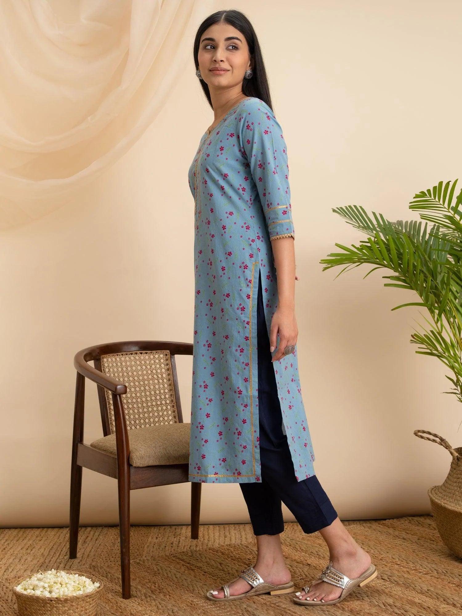 Blue Printed Cotton Kurta