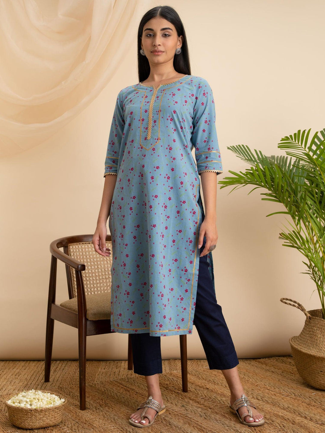 Blue Printed Cotton Kurta - ShopLibas