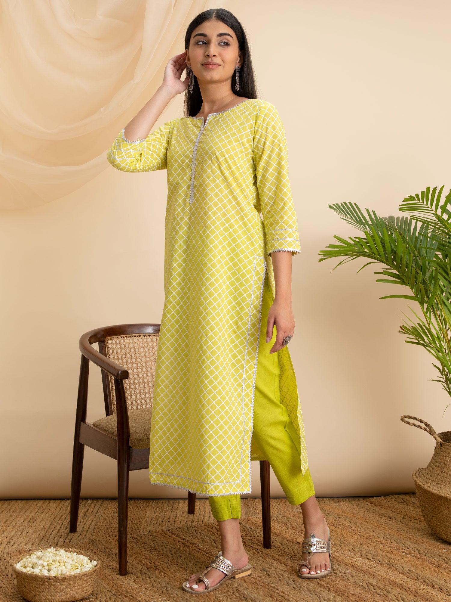 Lemon Green Printed Cotton Kurta