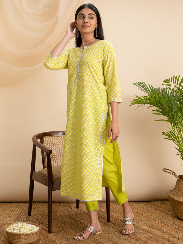 Lemon Green Printed Cotton Kurta - ShopLibas