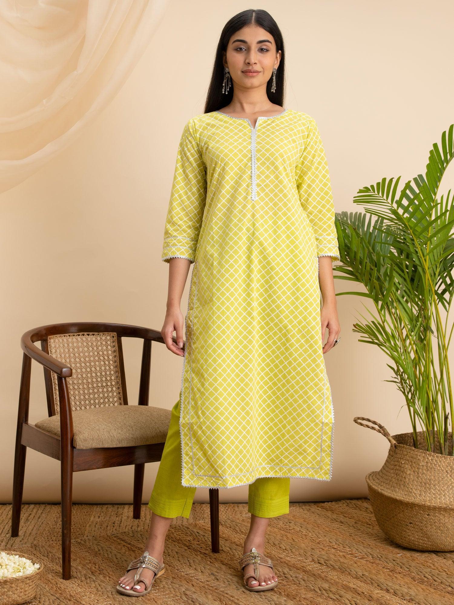 Lemon Green Printed Cotton Kurta