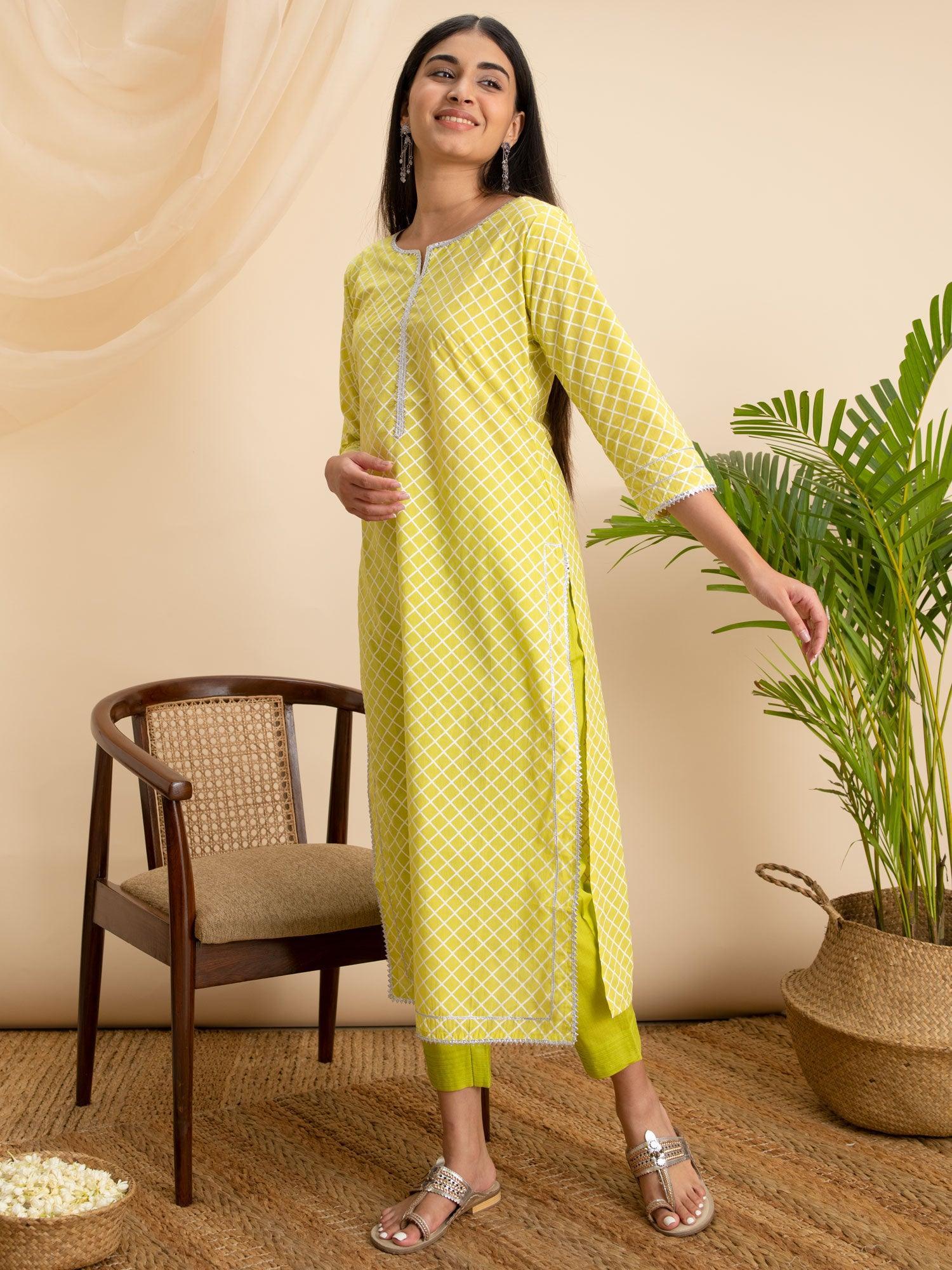 Lemon Green Printed Cotton Kurta