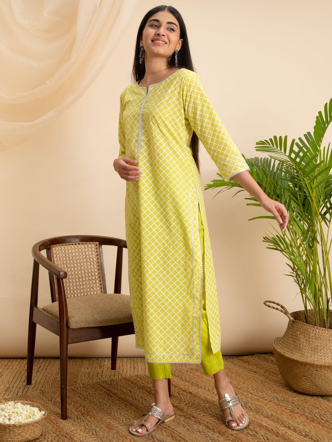 Lemon Green Printed Cotton Kurta - ShopLibas