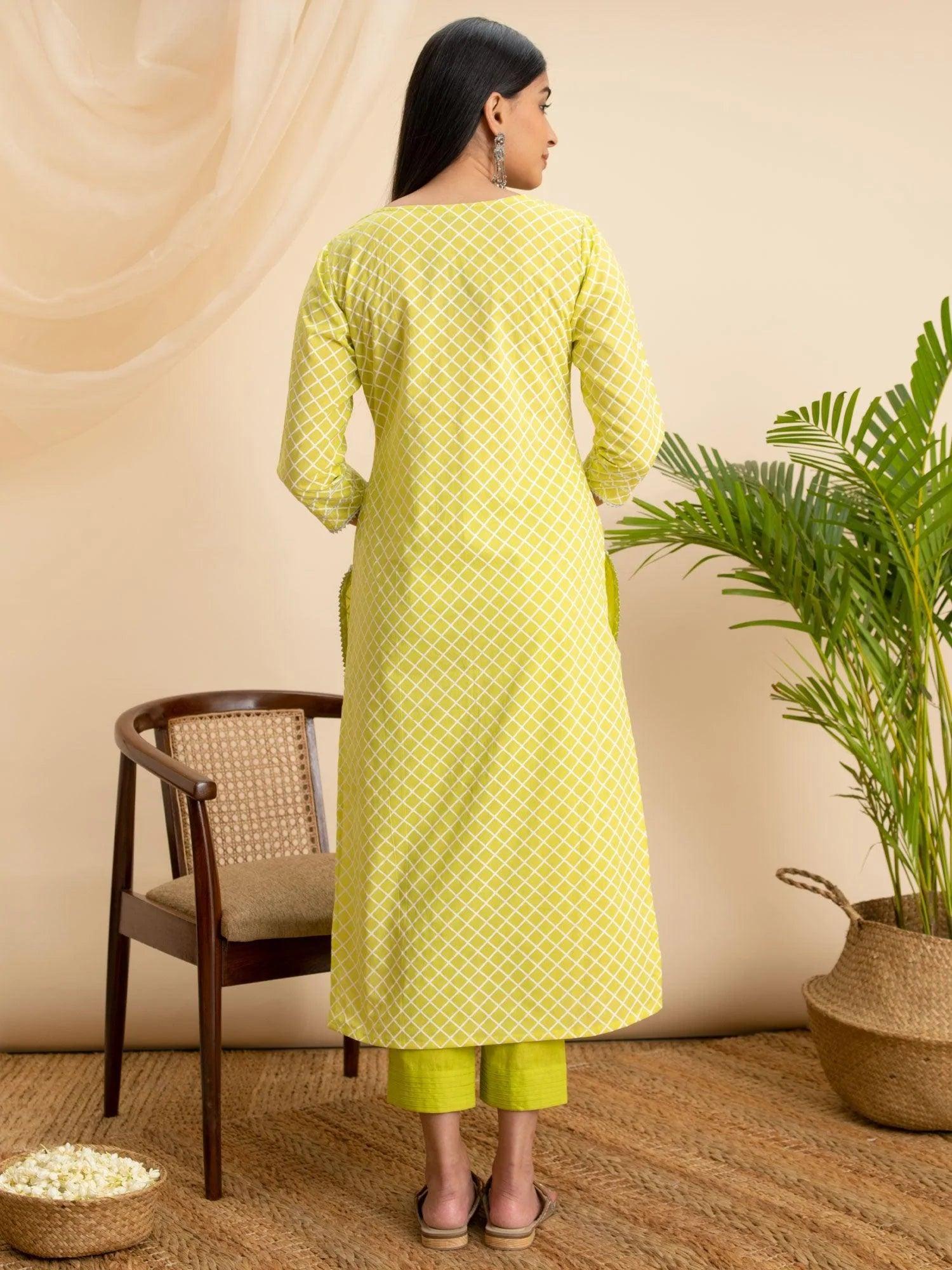 Lemon Green Printed Cotton Kurta