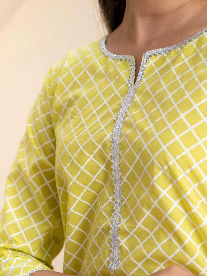 Lemon Green Printed Cotton Kurta - ShopLibas