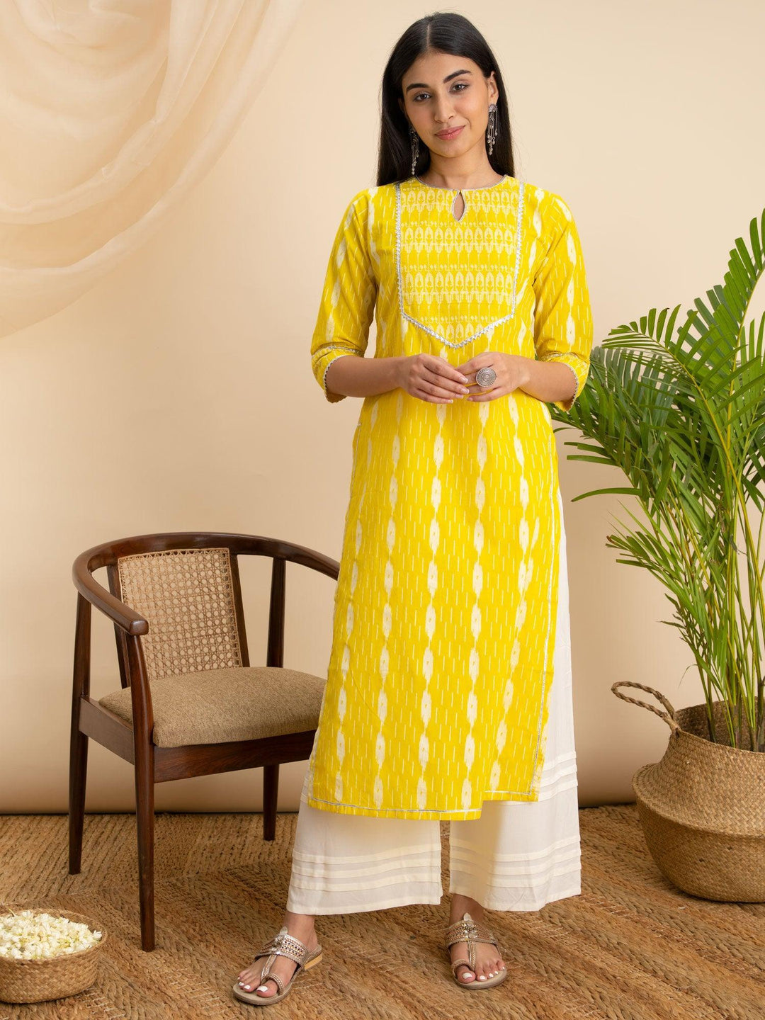 Yellow Printed Cotton Kurta - ShopLibas