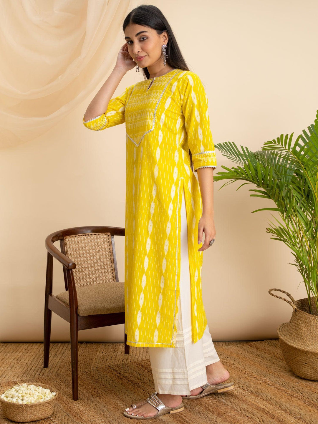 Yellow Printed Cotton Kurta - ShopLibas