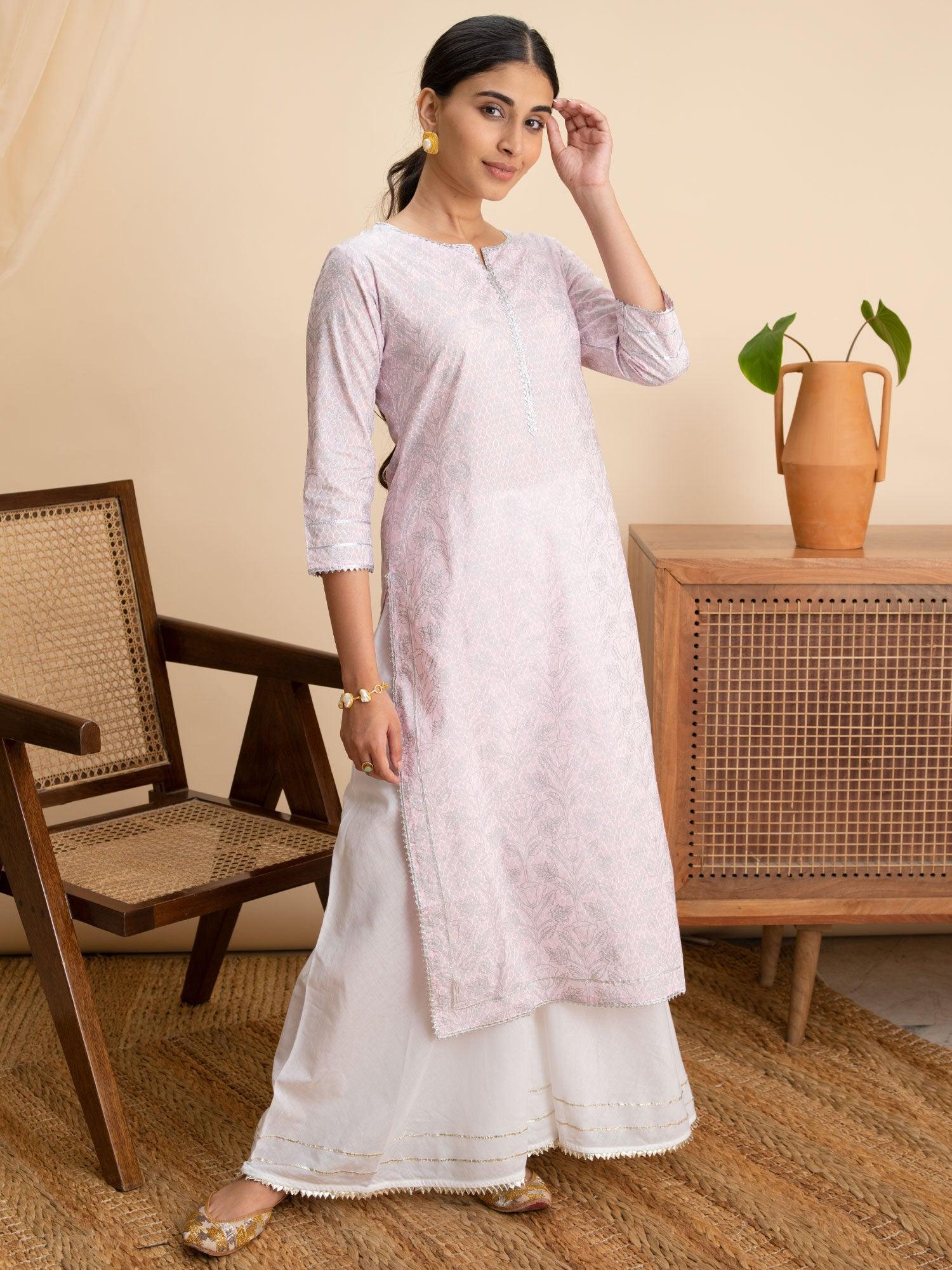 Pink Printed Cotton Kurta