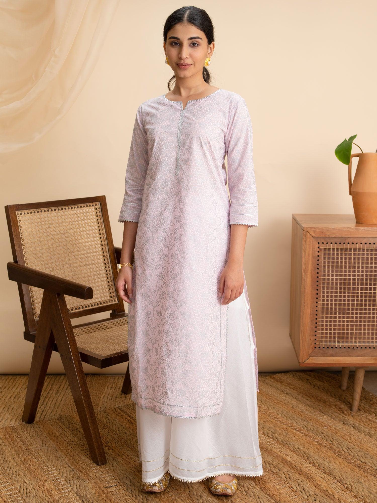 Pink Printed Cotton Kurta