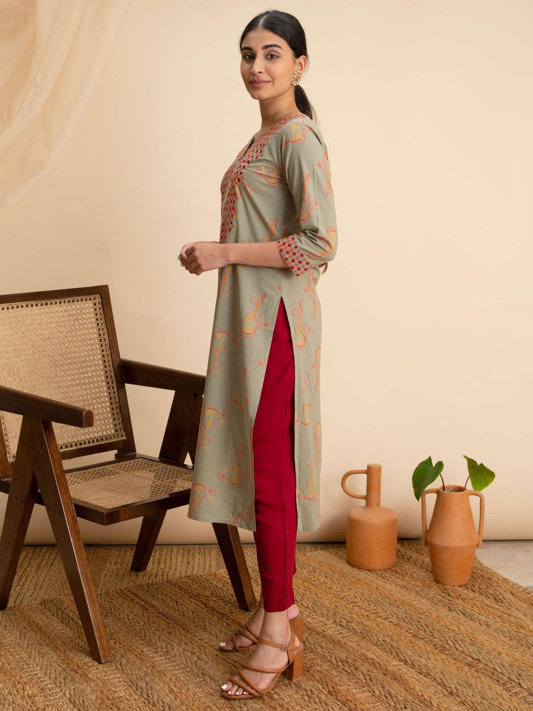 Green Printed Cotton Kurta - ShopLibas