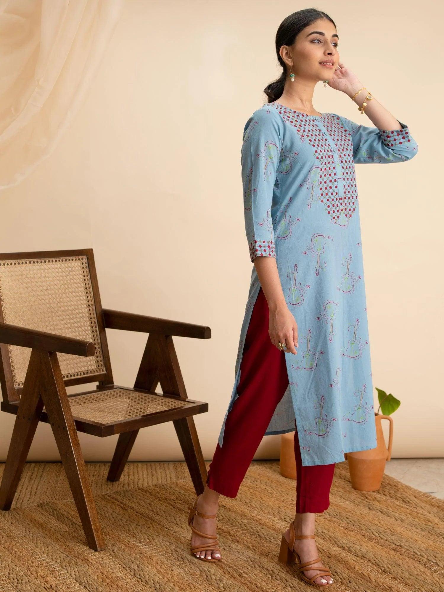 Blue Printed Cotton Kurta