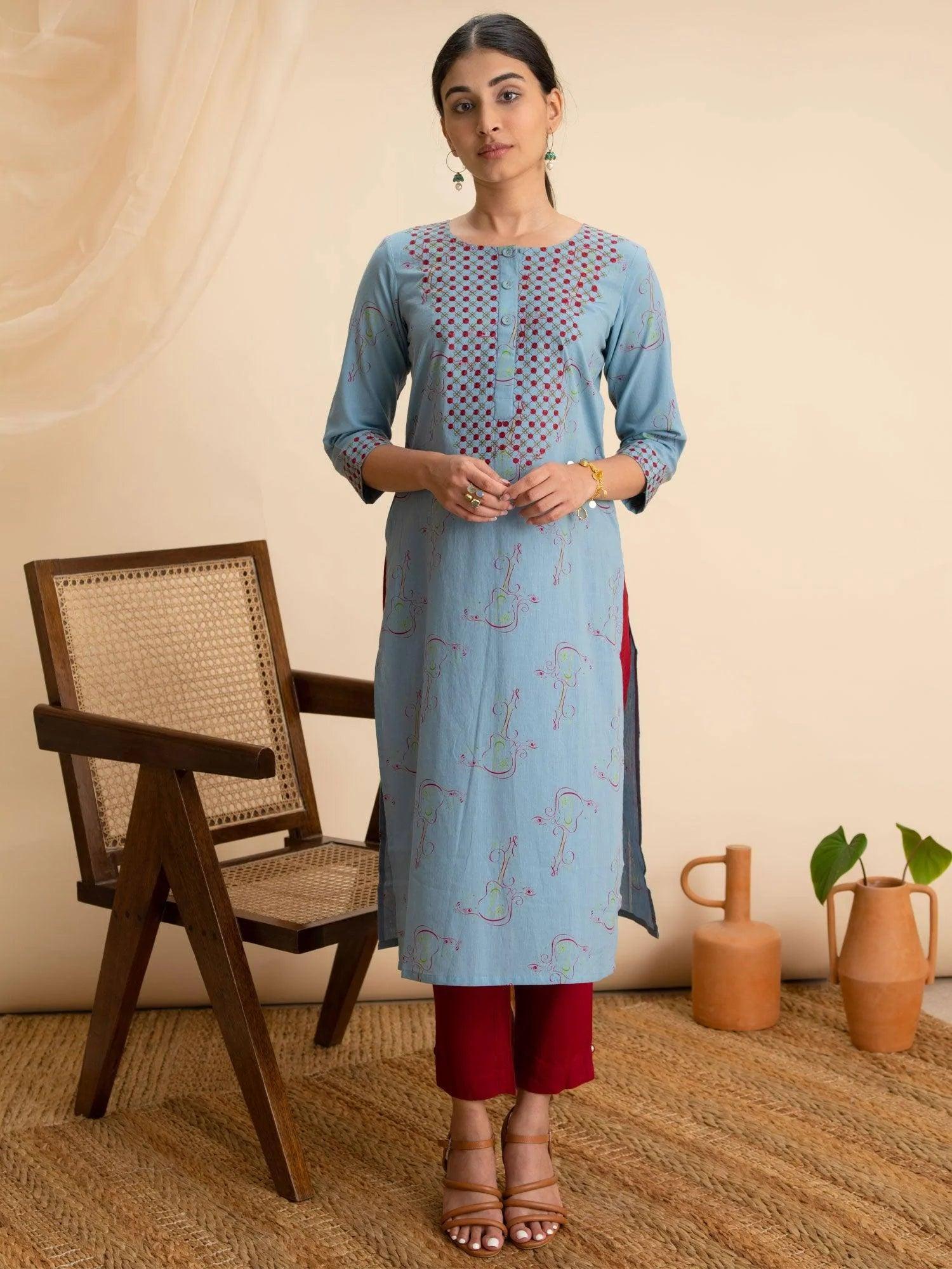 Blue Printed Cotton Kurta