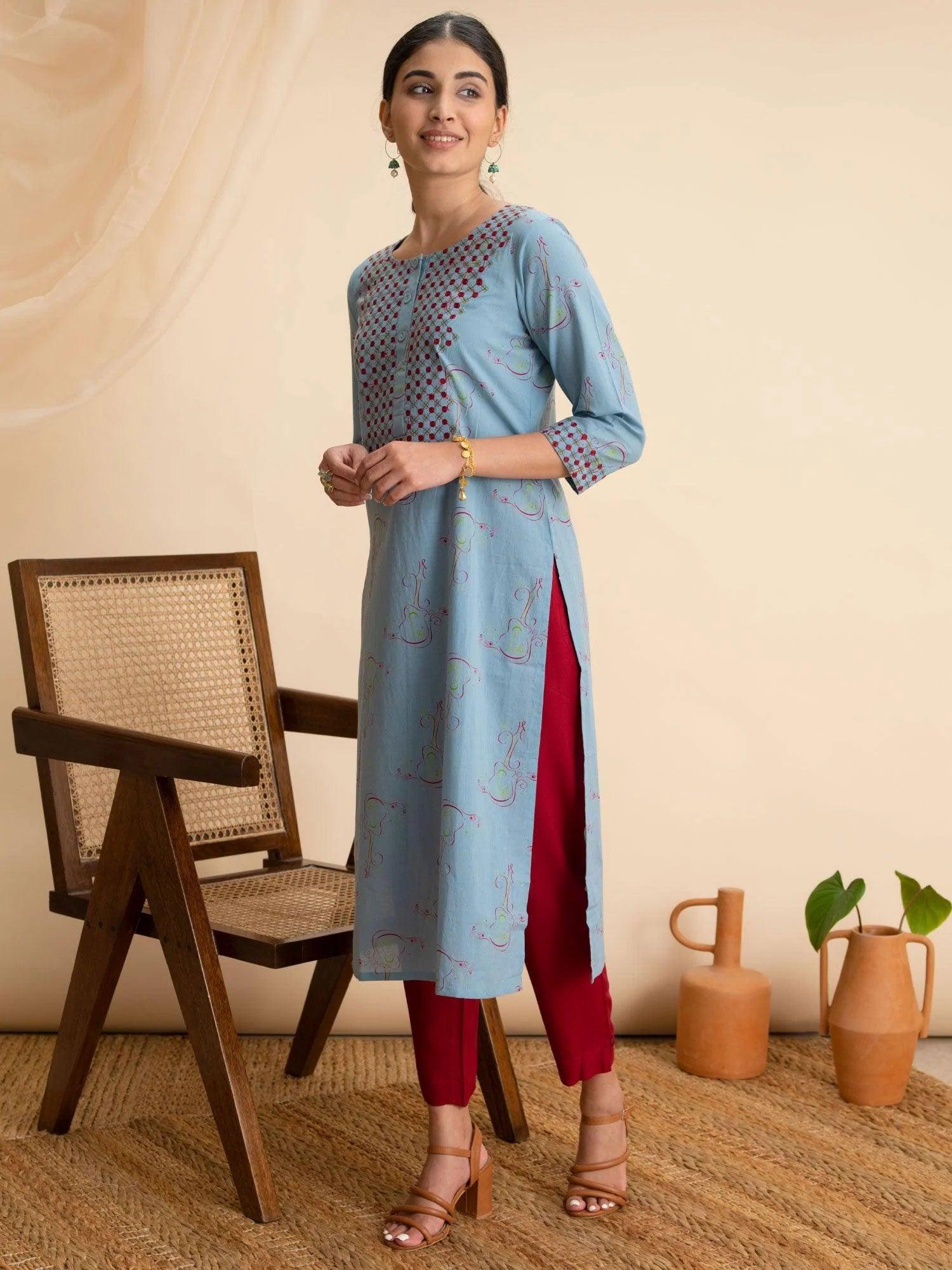 Blue Printed Cotton Kurta