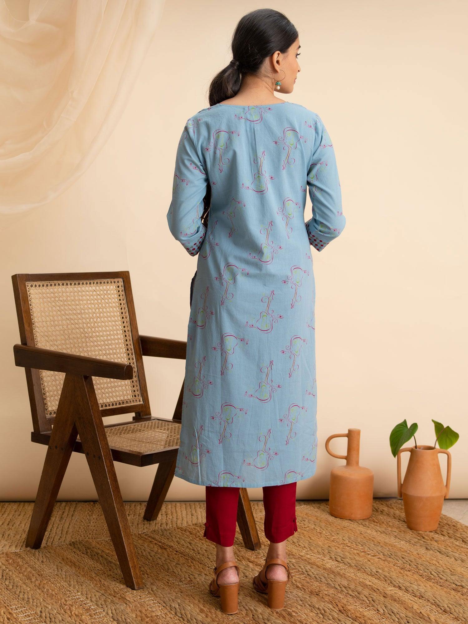 Blue Printed Cotton Kurta