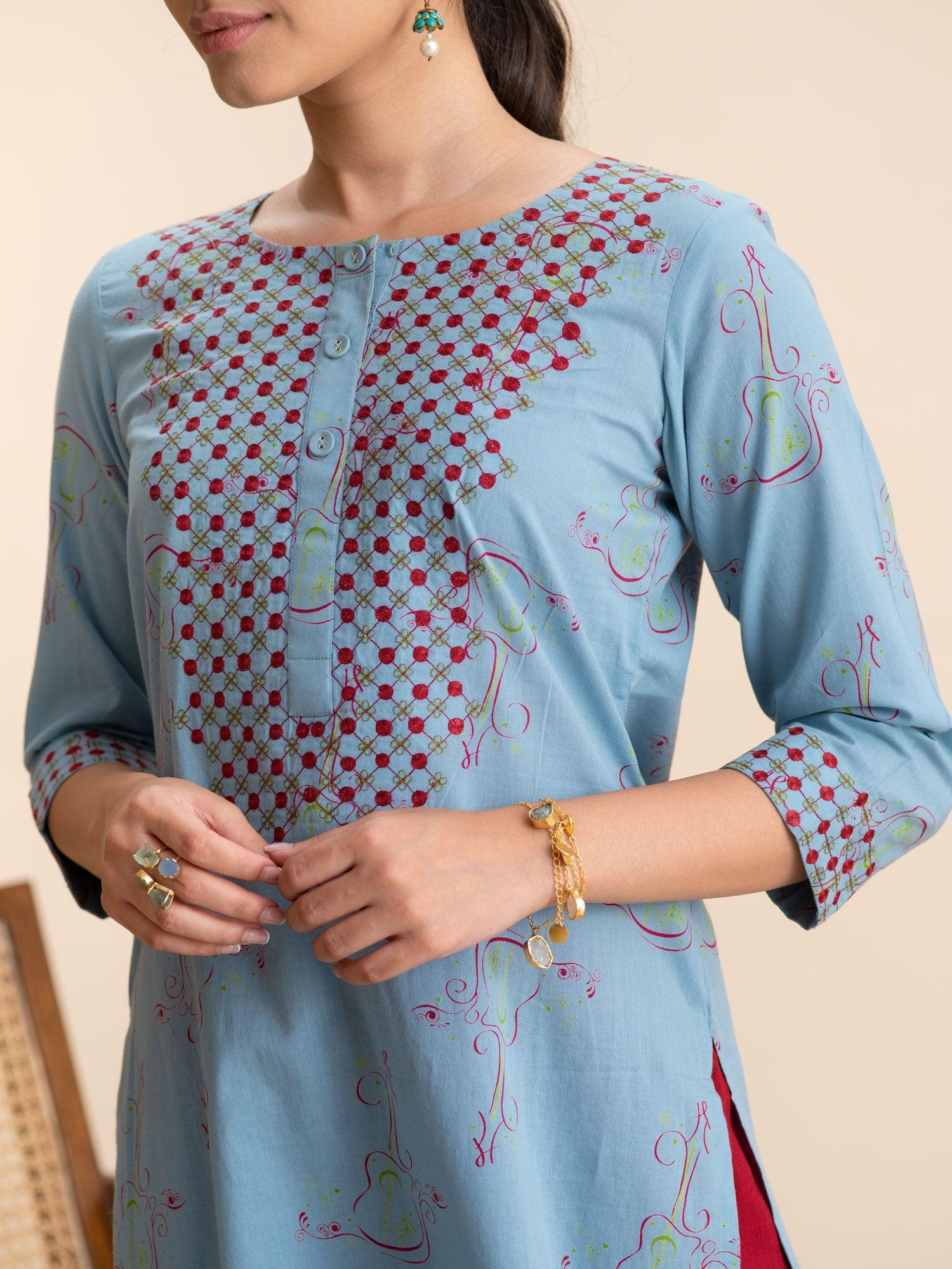 Blue Printed Cotton Kurta