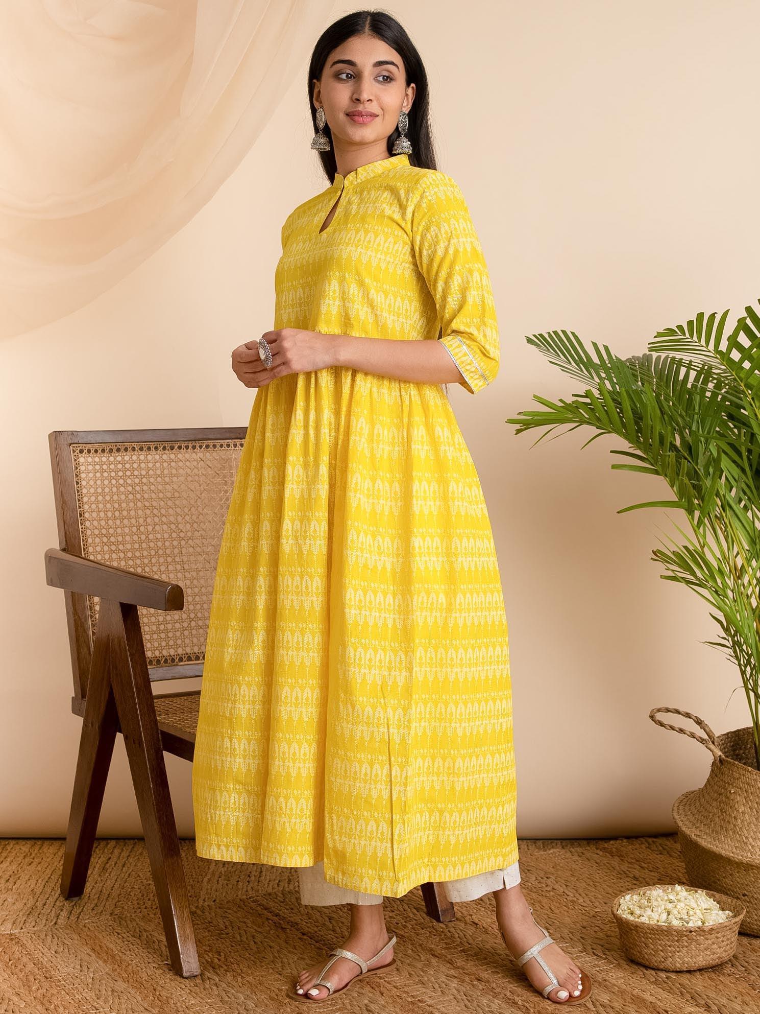 Yellow Printed Cotton Kurta