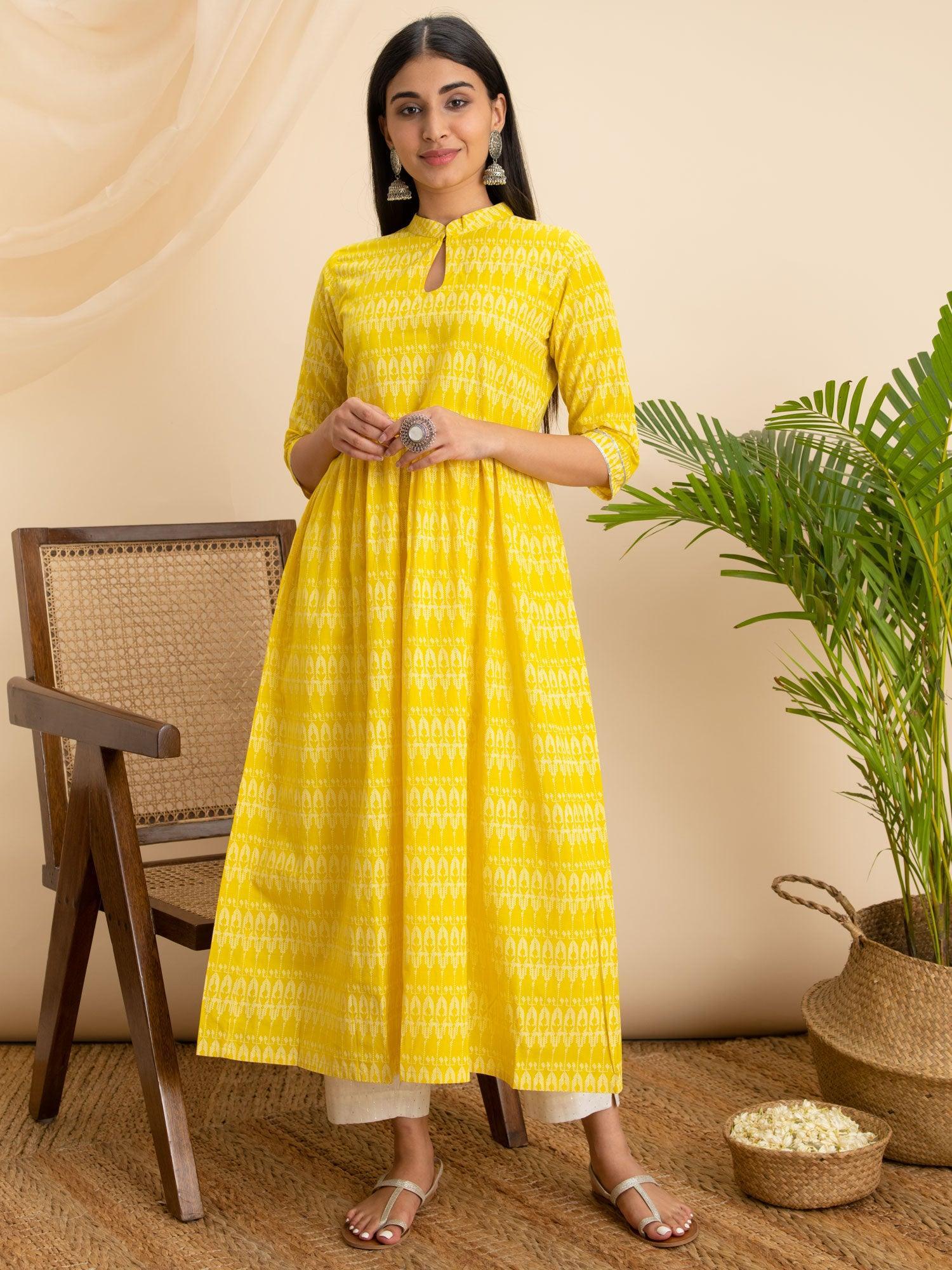 Yellow Printed Cotton Kurta