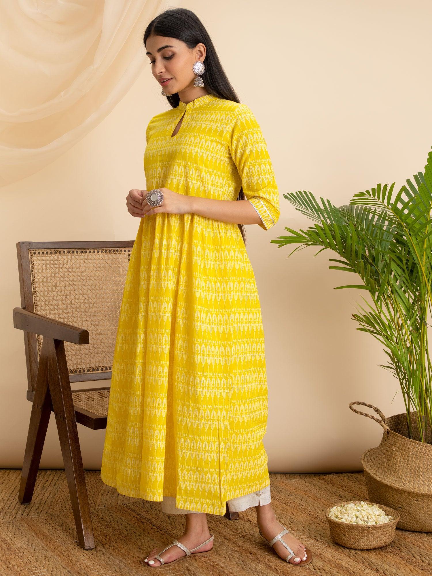 Yellow Printed Cotton Kurta