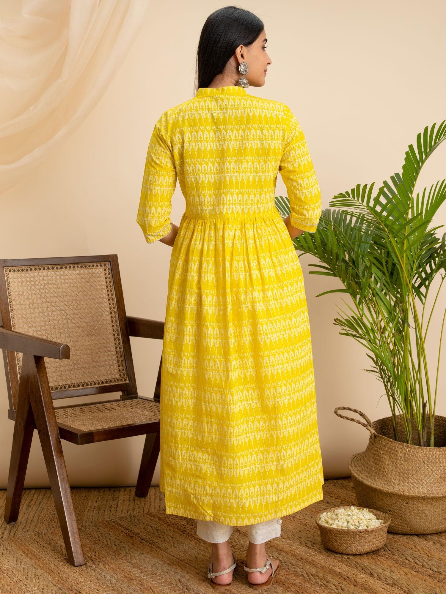 Yellow Printed Cotton Kurta