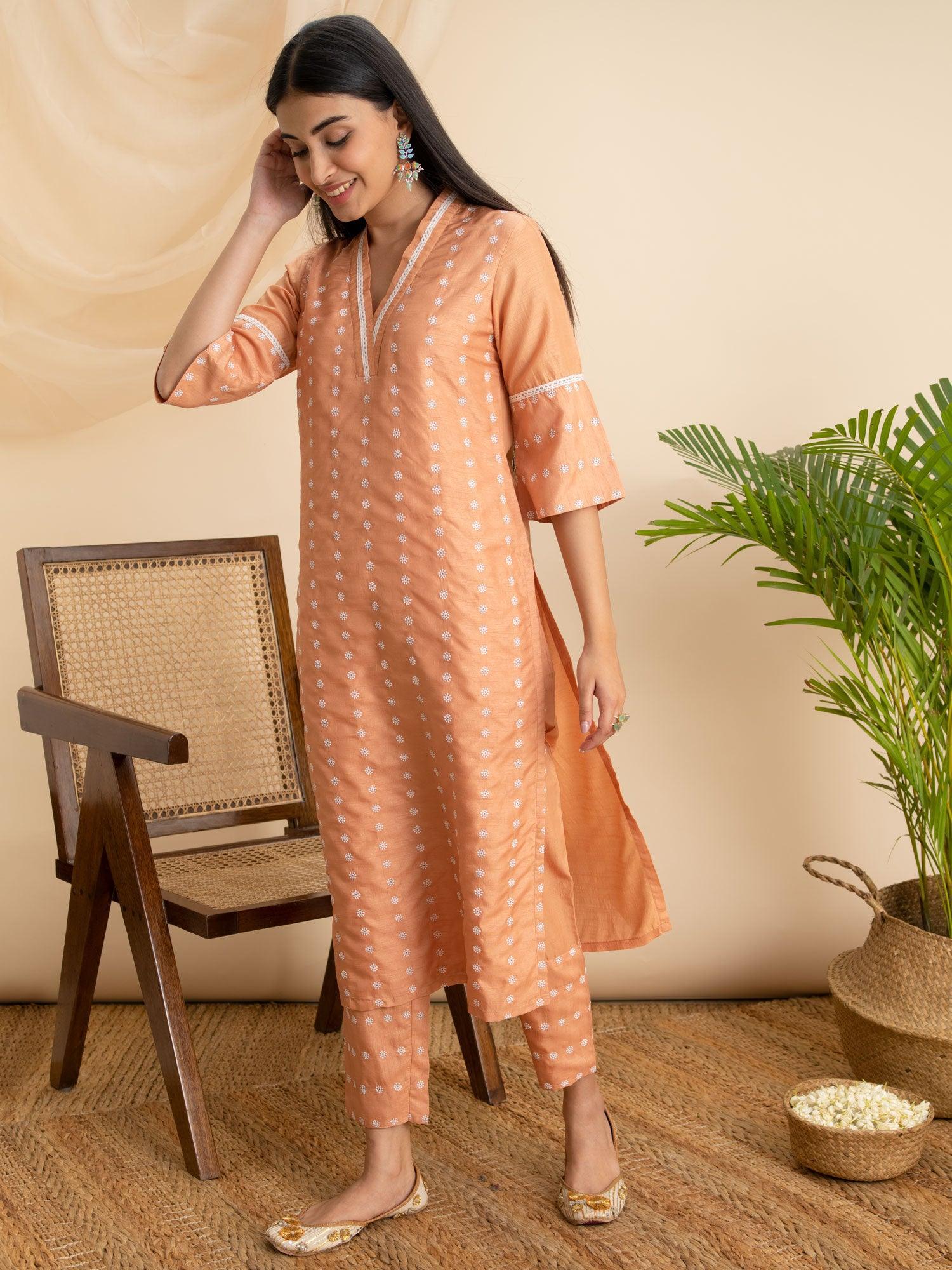 Orange Embroidered Silk Kurta