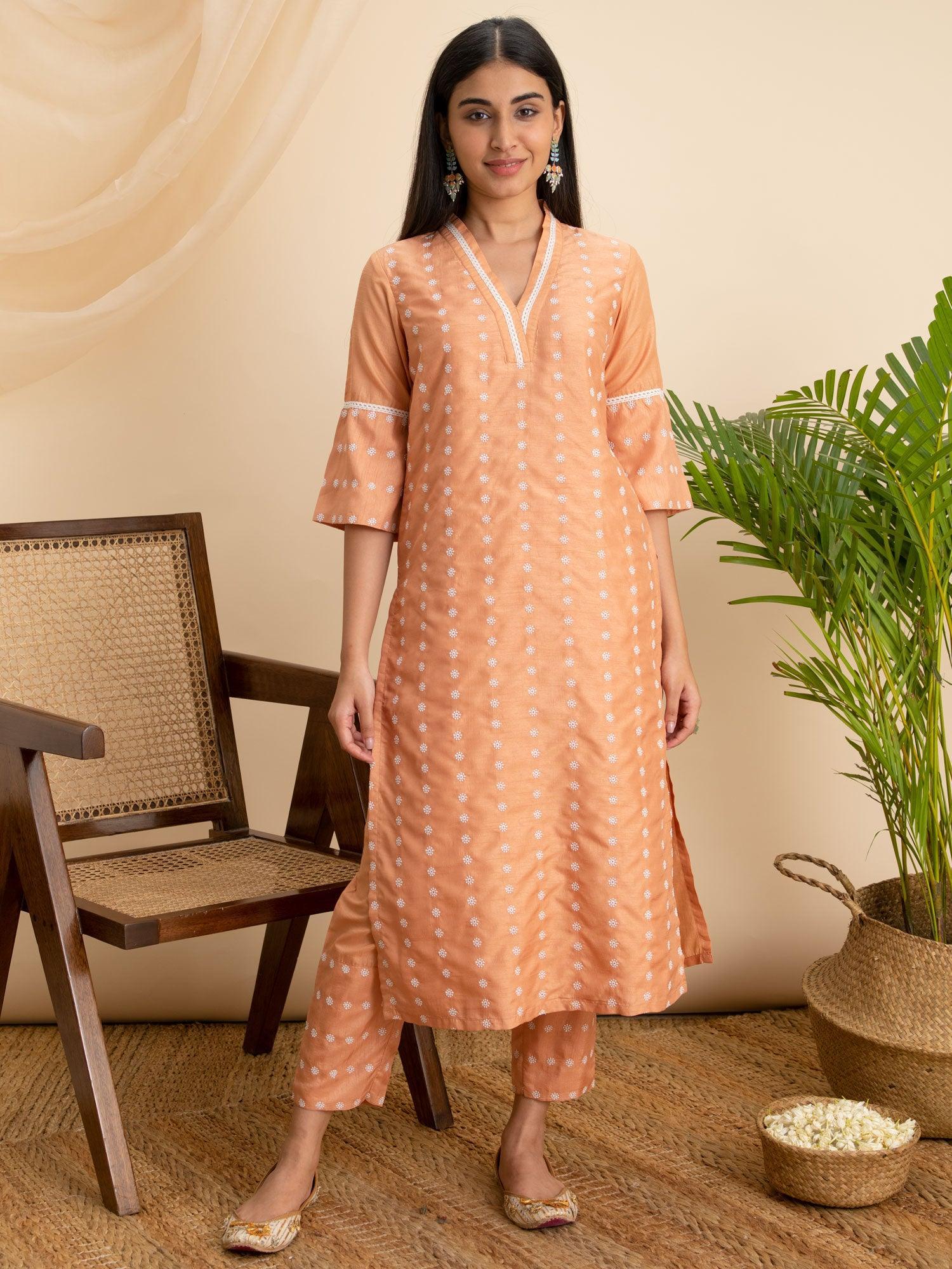 Orange Embroidered Silk Kurta