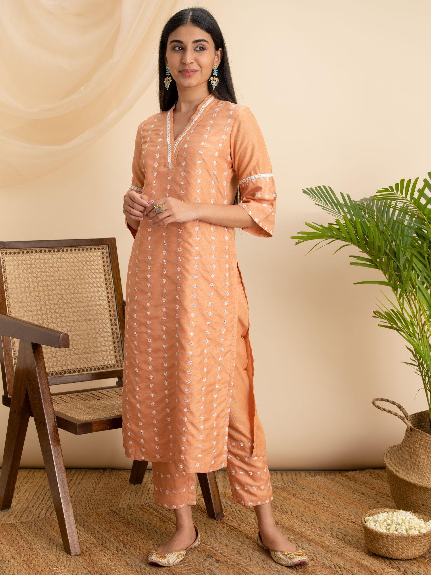 Orange Embroidered Silk Kurta