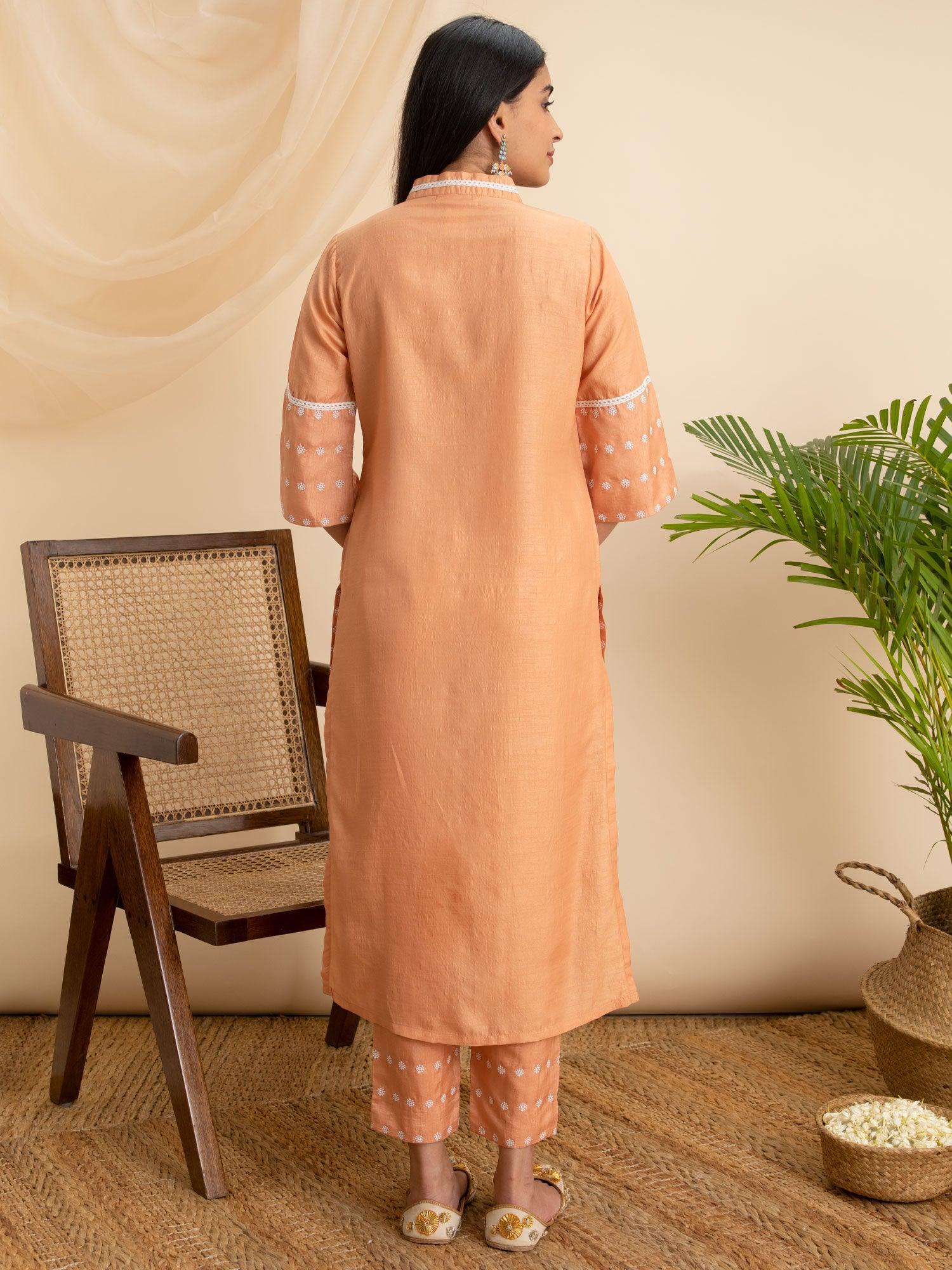 Orange Embroidered Silk Kurta