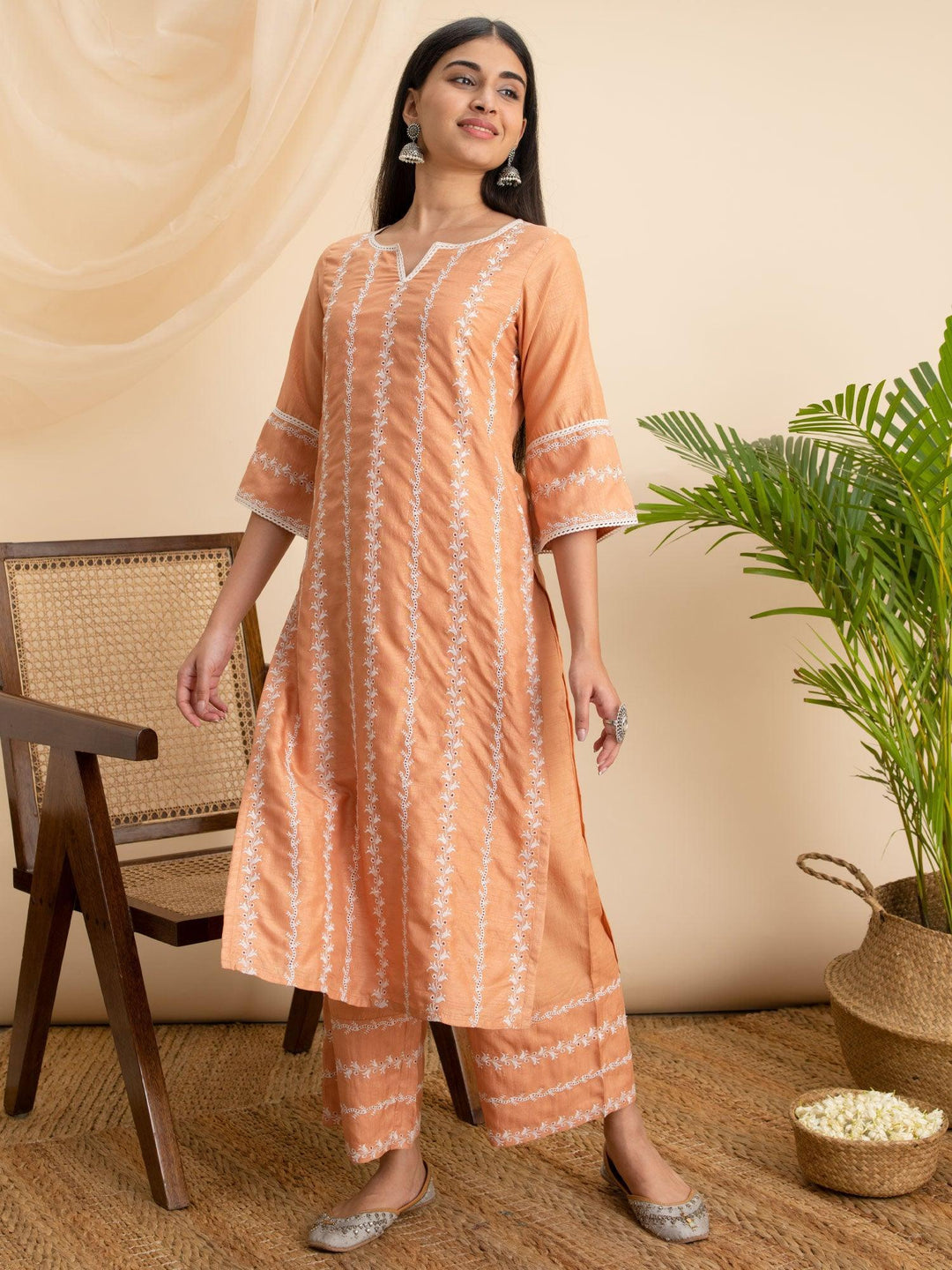 Orange Embroidered Silk Kurta - ShopLibas