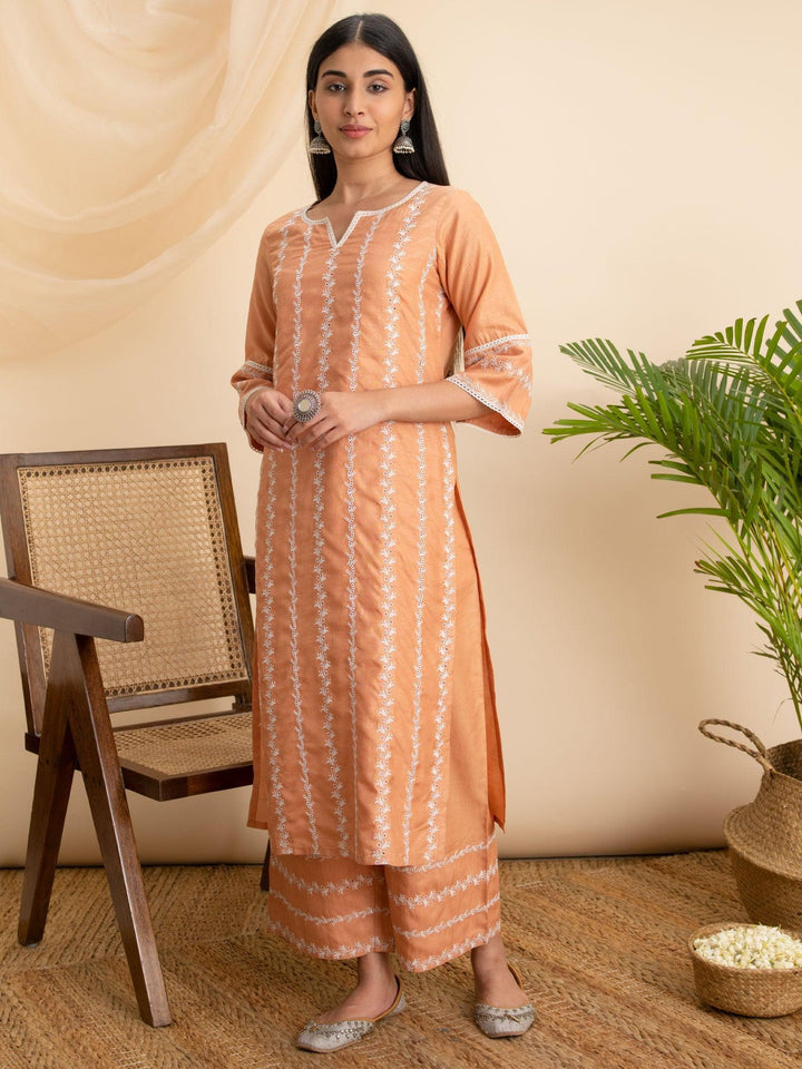 Orange Embroidered Silk Kurta - ShopLibas