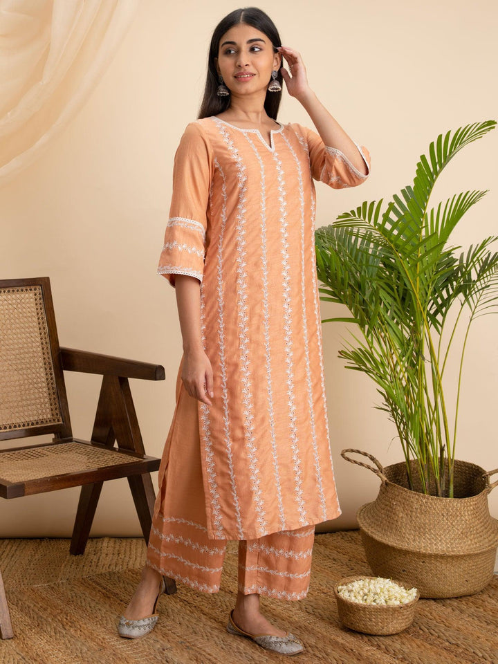 Orange Embroidered Silk Kurta - ShopLibas