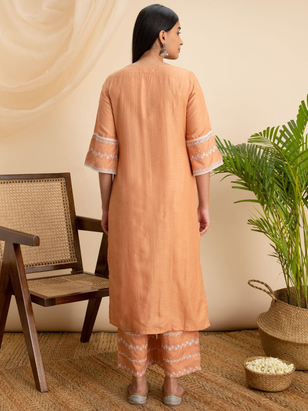 Orange Embroidered Silk Kurta - ShopLibas