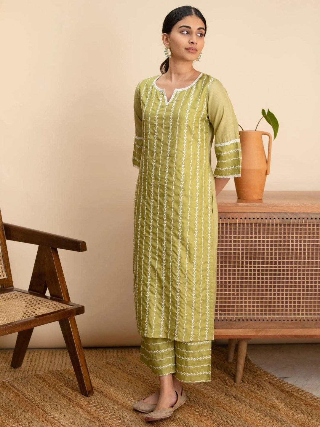 Green Embroidered Silk Kurta - ShopLibas