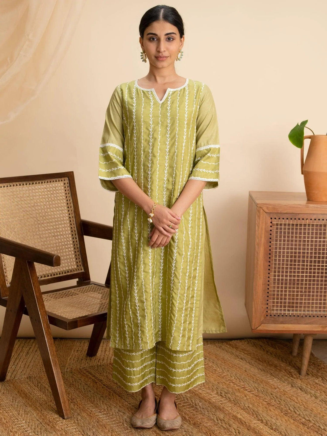 Green Embroidered Silk Kurta - ShopLibas