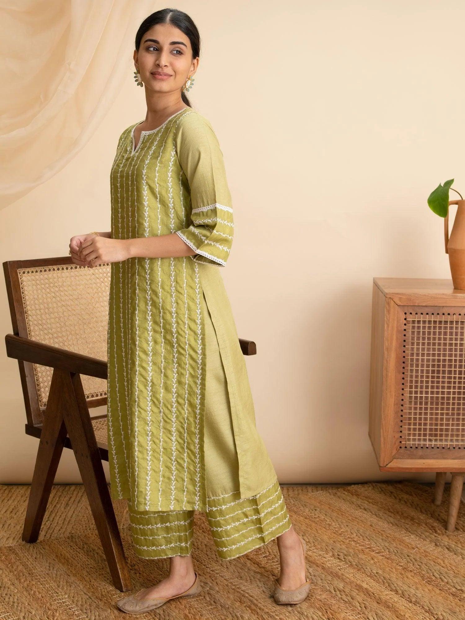 Green Embroidered Silk Kurta