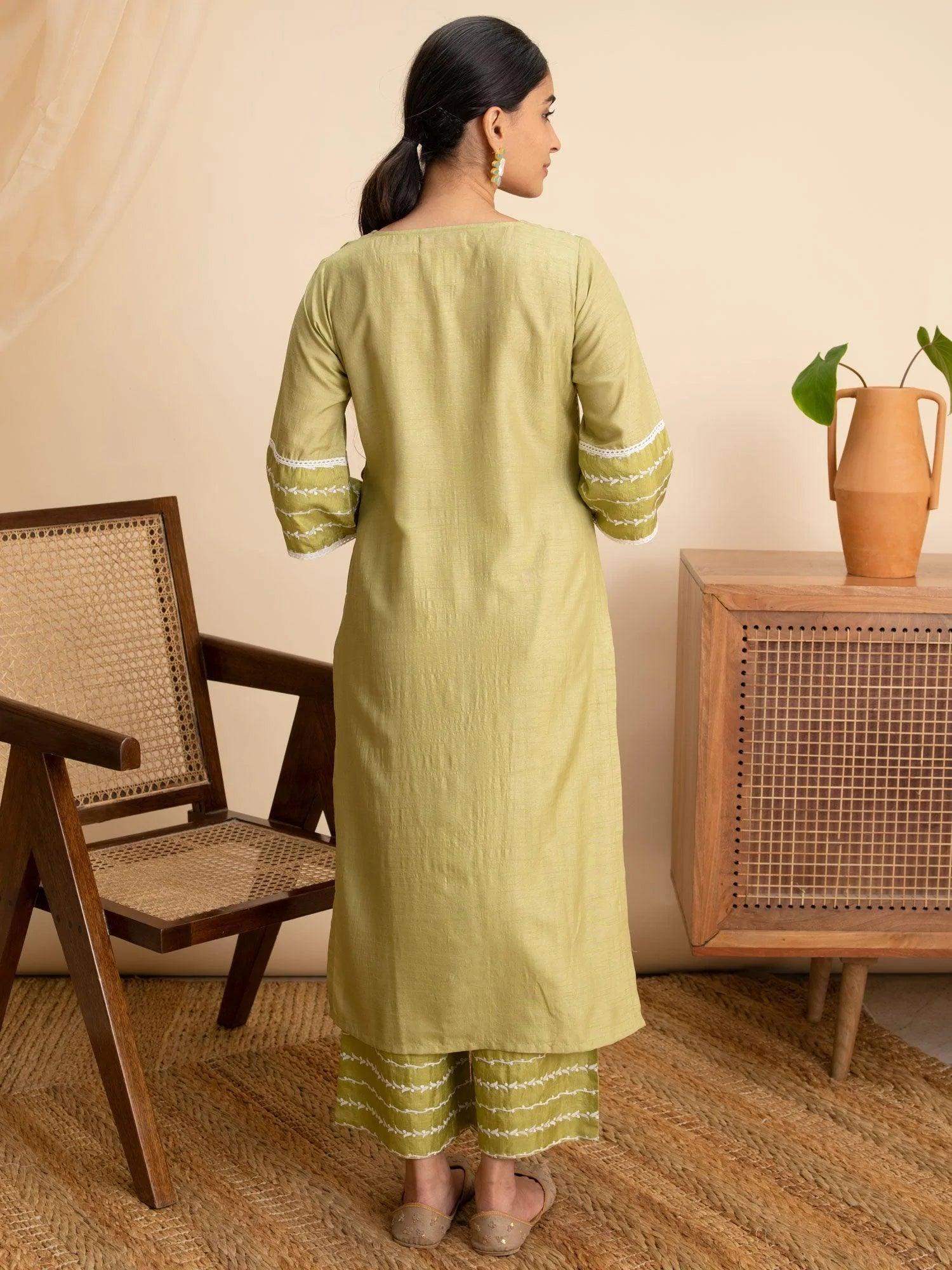 Green Embroidered Silk Kurta