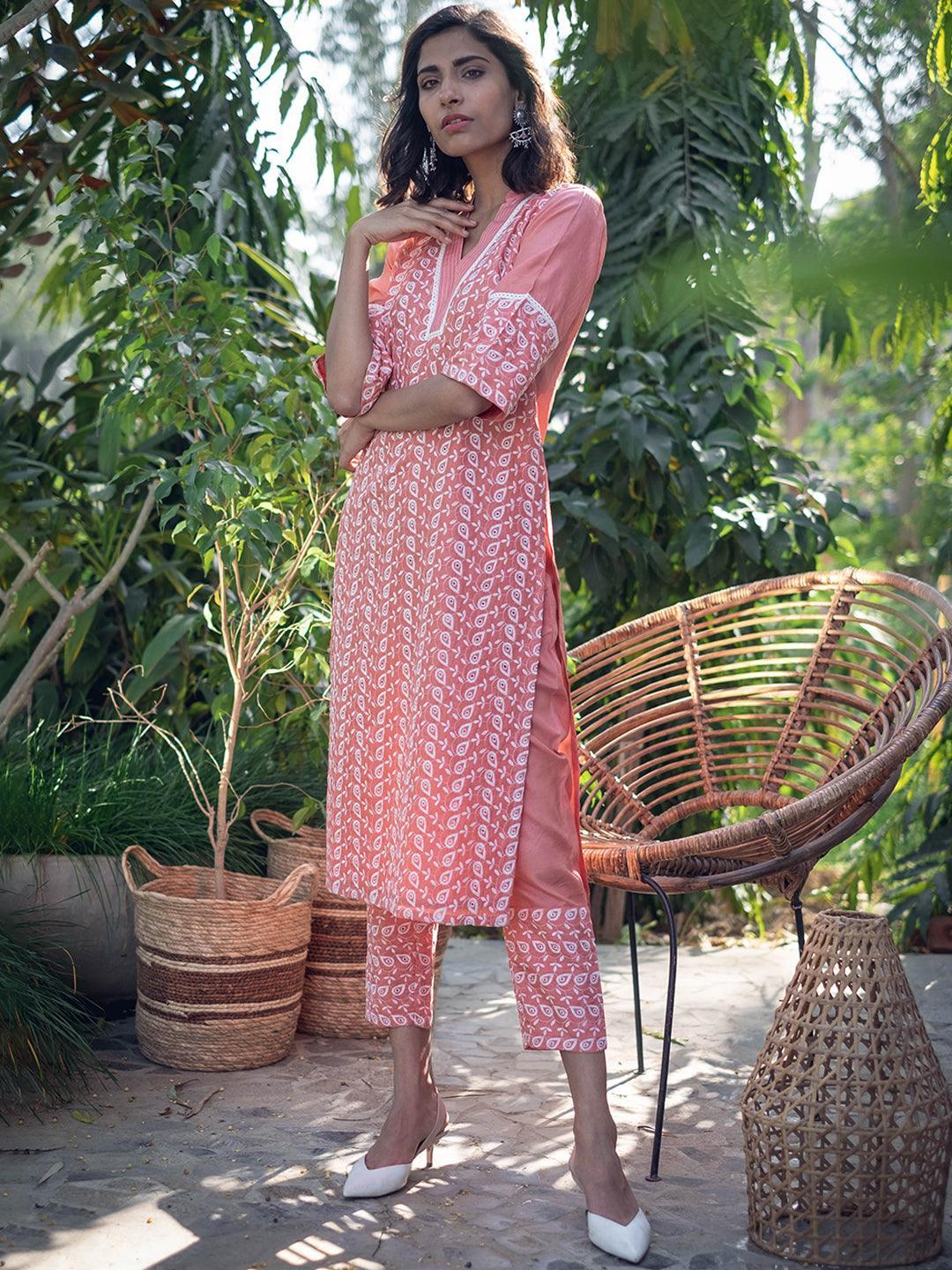 Peach Embroidered Silk Kurta