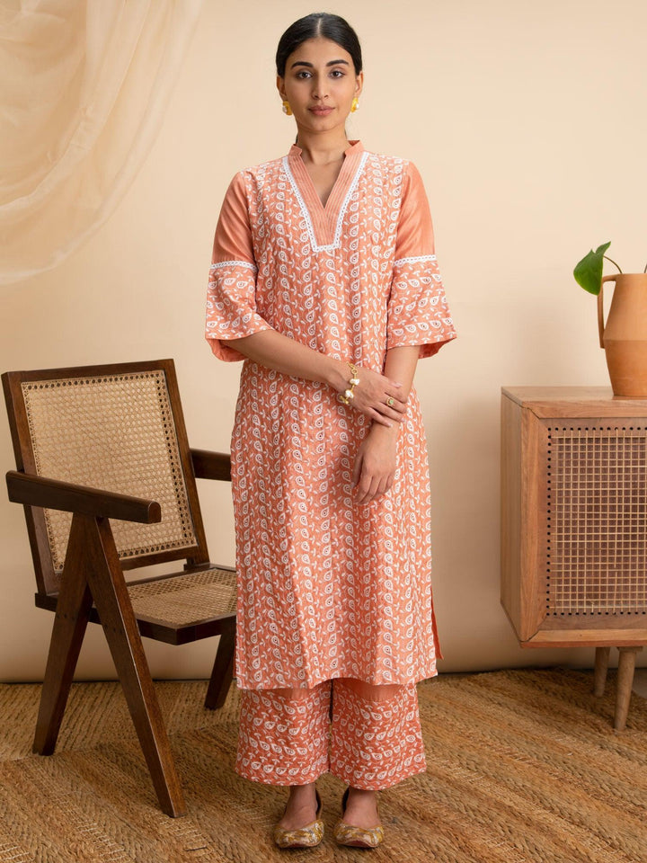 Peach Embroidered Silk Kurta - ShopLibas