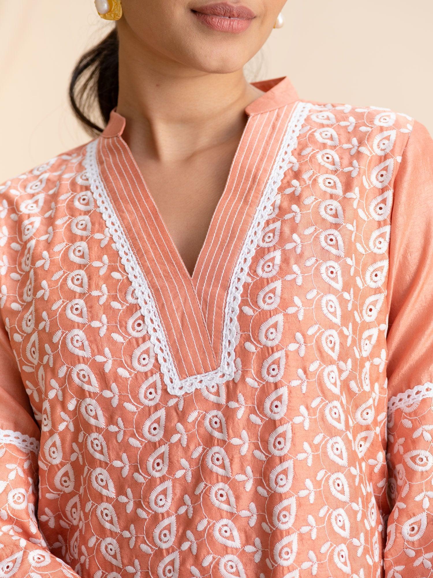 Peach Embroidered Silk Kurta