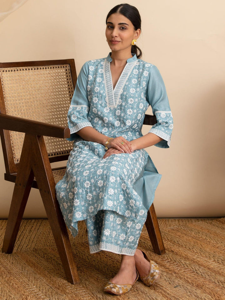 Blue Embroidered Silk Kurta - ShopLibas