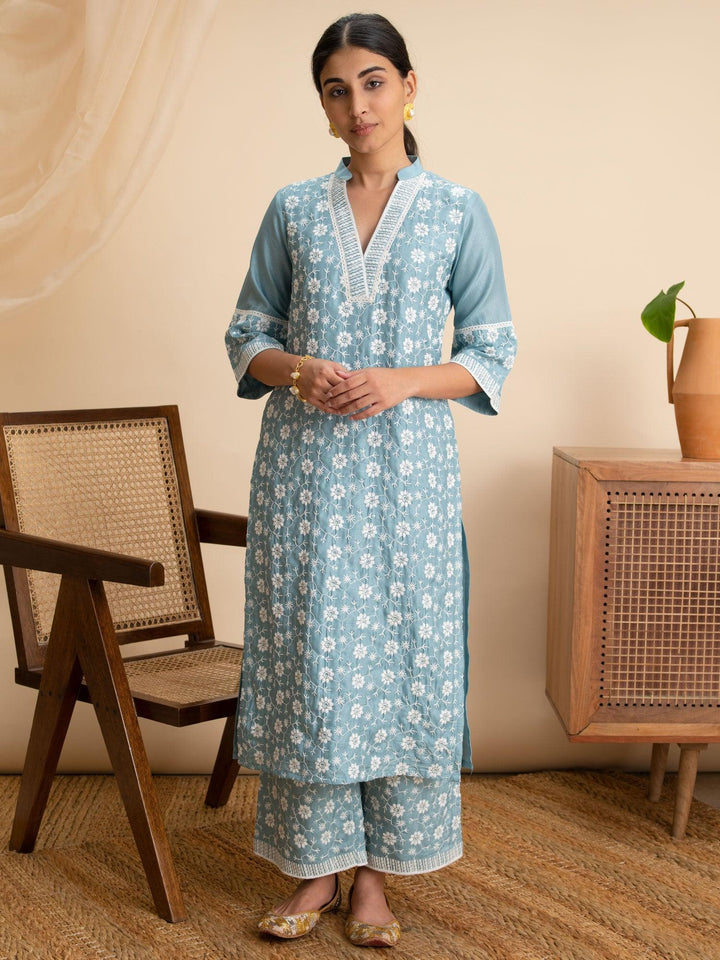 Blue Embroidered Silk Kurta - ShopLibas