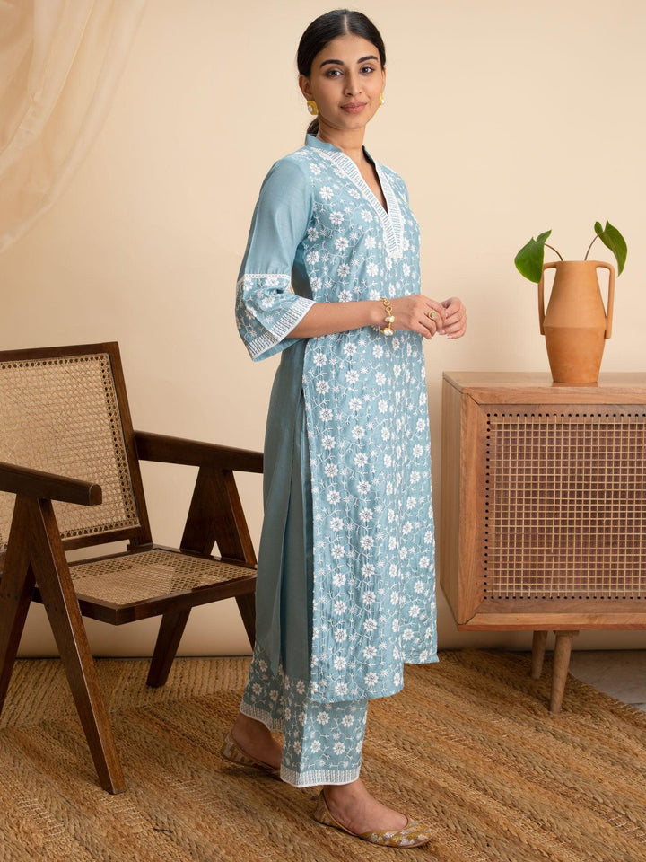 Blue Embroidered Silk Kurta - ShopLibas