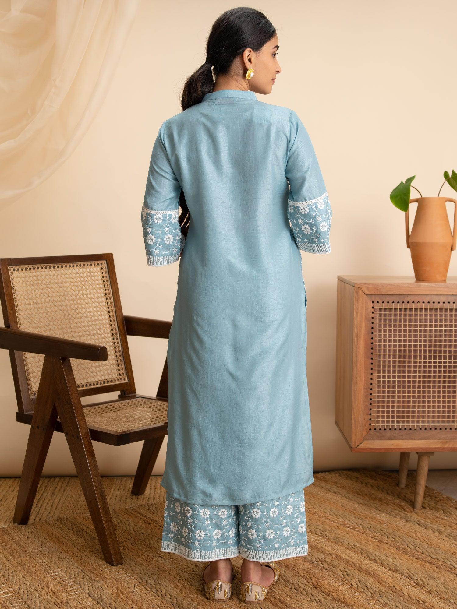 Blue Embroidered Silk Kurta