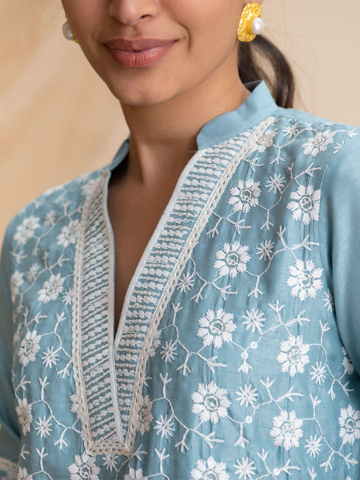 Blue Embroidered Silk Kurta - ShopLibas