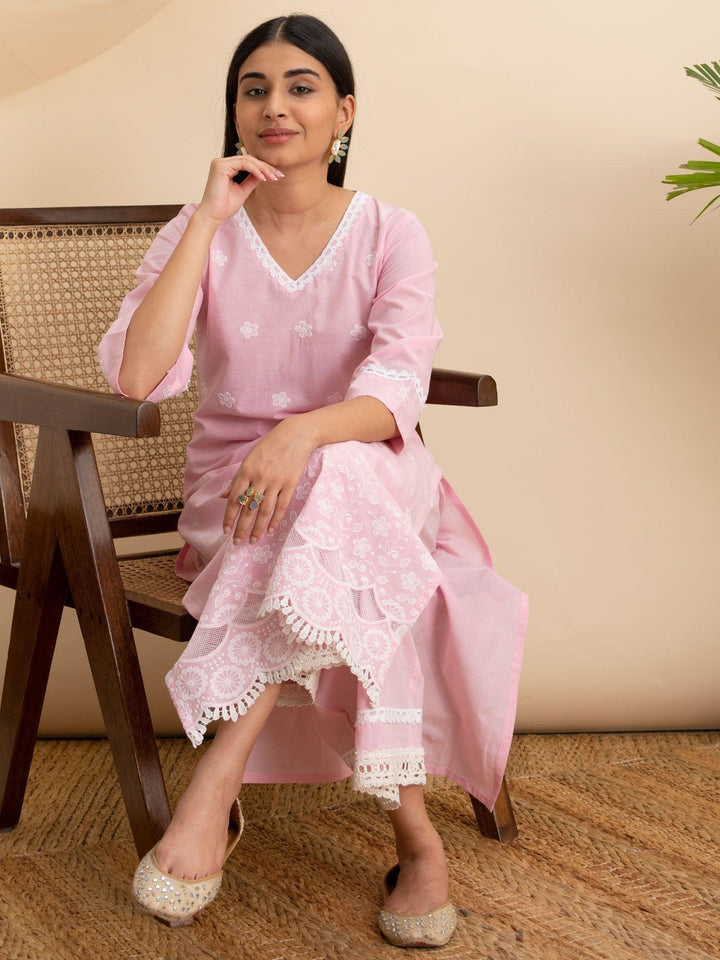 Pink Embroidered Cotton Kurta - ShopLibas