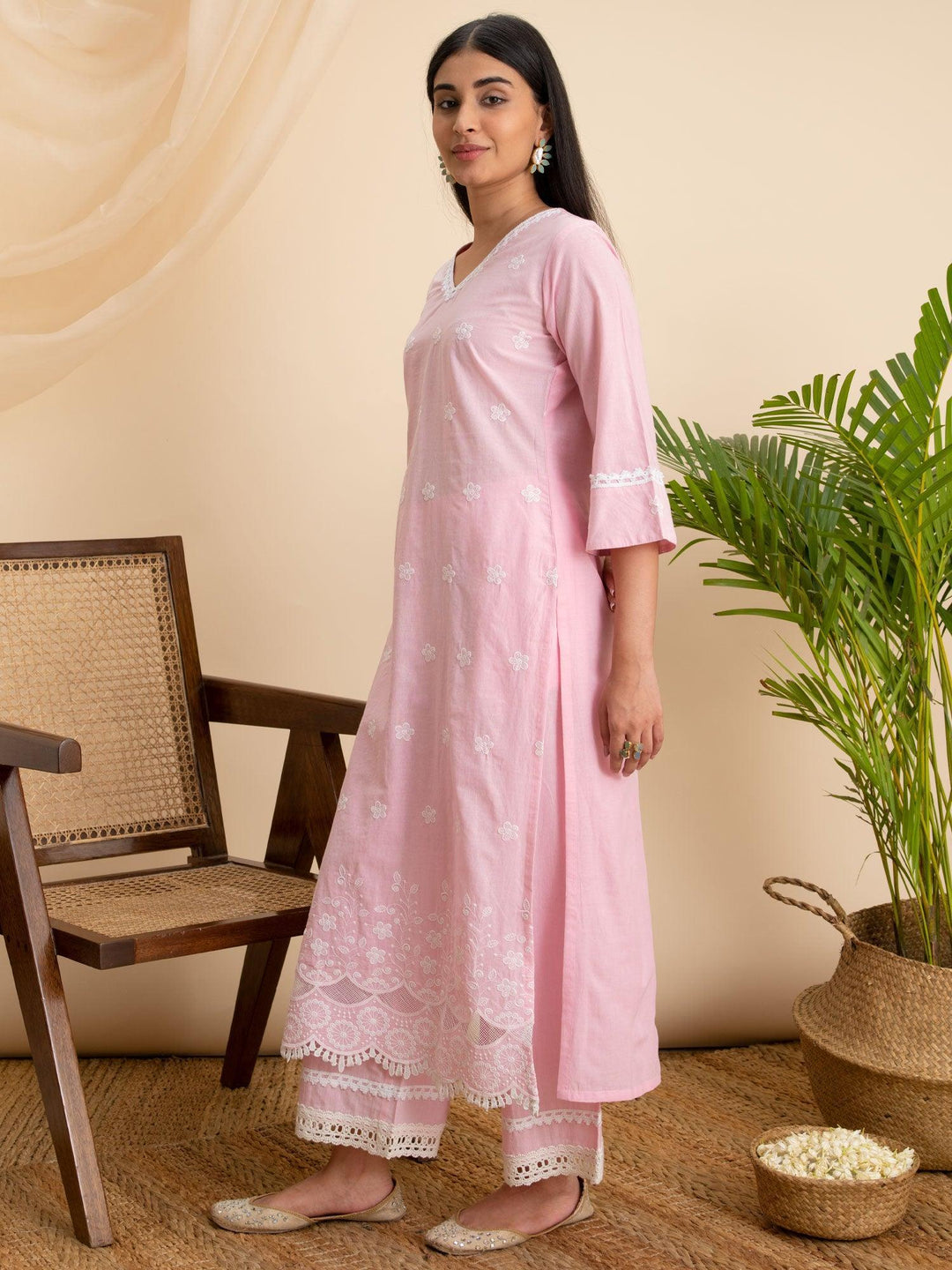 Pink Embroidered Cotton Kurta - ShopLibas